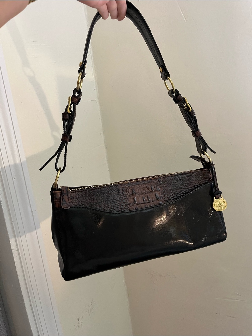 Brahmin Black Leather Shoulder Bag Croc Embossed Sling Bag